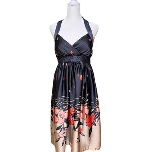 Max and Cleo Black Floral Satin Halter Dress Small Cocktail Wedding Guest